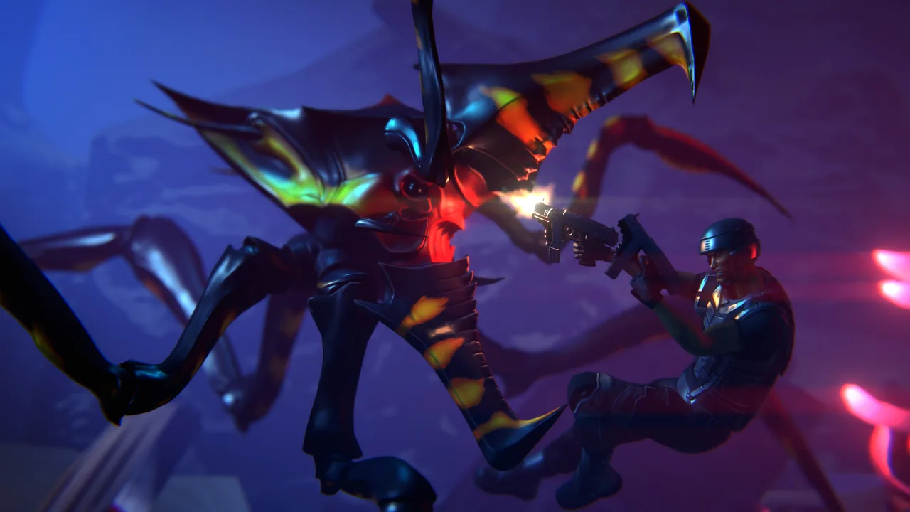 Starship Troopers: Continuum trooper fighting a warrior bug at close range