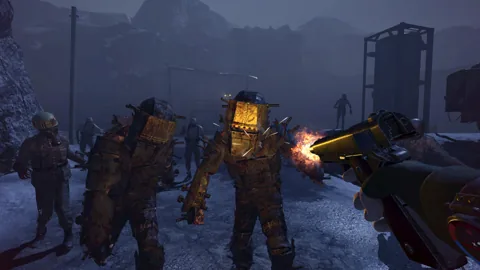 Armoured enemies advance in a snowy industrial area.