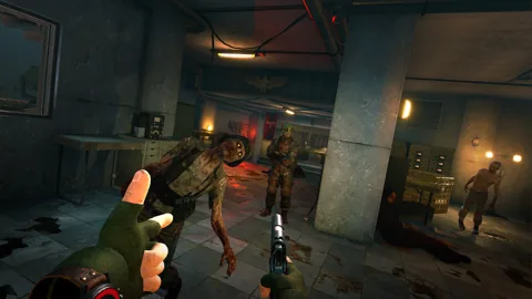 An indoor encounter with zombies closing in from adjoining rooms.