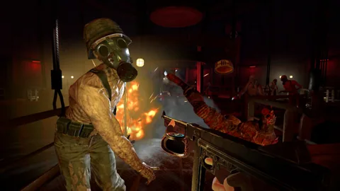 Close-range combat in a red-lit interior.