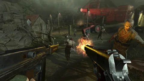 Pistol combat among ruined buildings and burning debris.