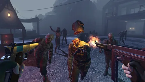 Close-range combat on a snow-covered street.