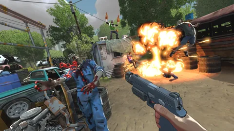 An explosion erupts beside zombies and parked cars outdoors.