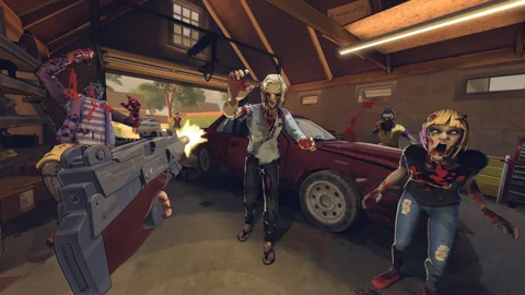 A pistol firefight beside a car inside the workshop.