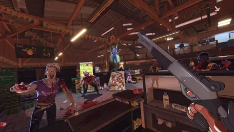 Shotgun combat across the workshop interior.