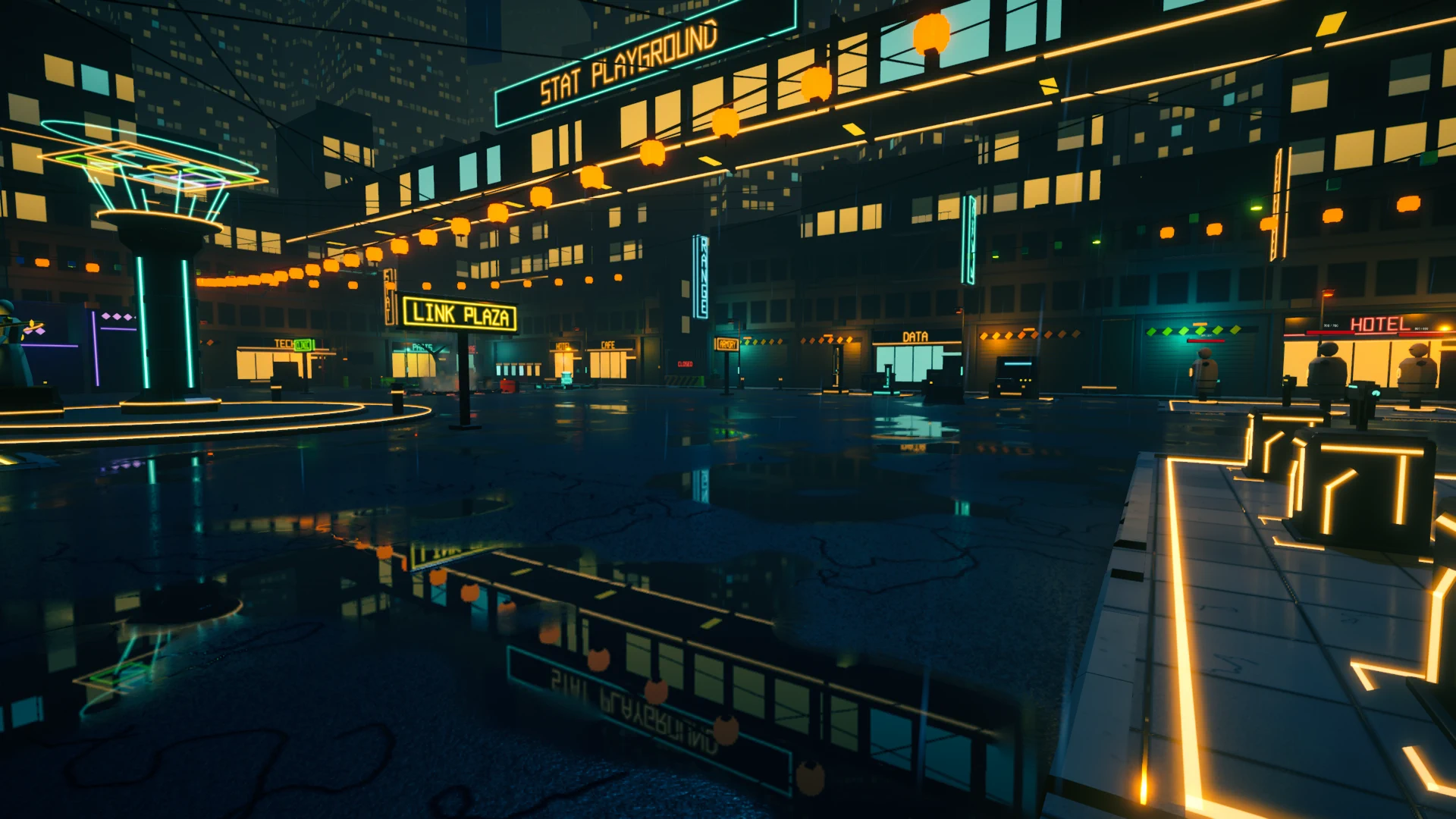 Stat Playground city environment reflected in wet paving