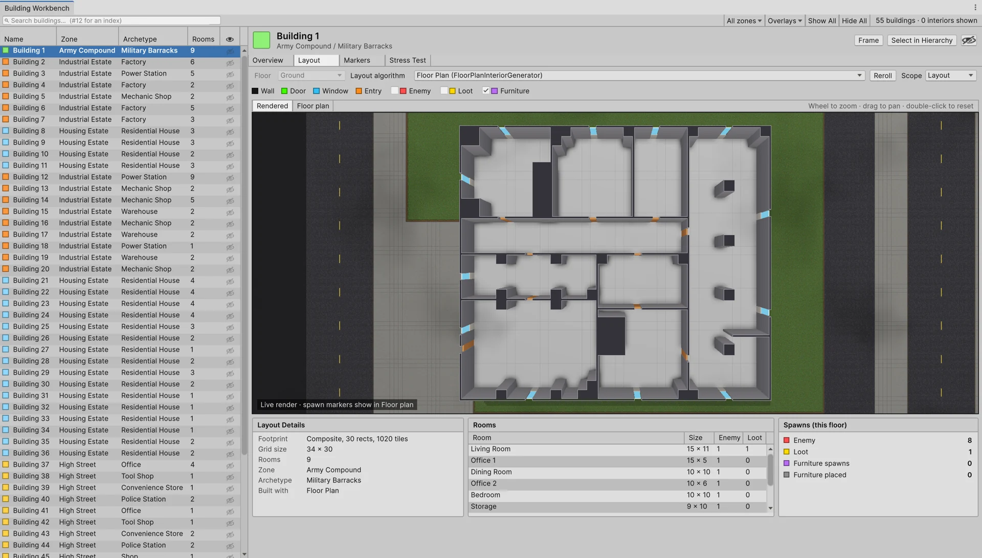Building Workbench showing generated military barracks and room details