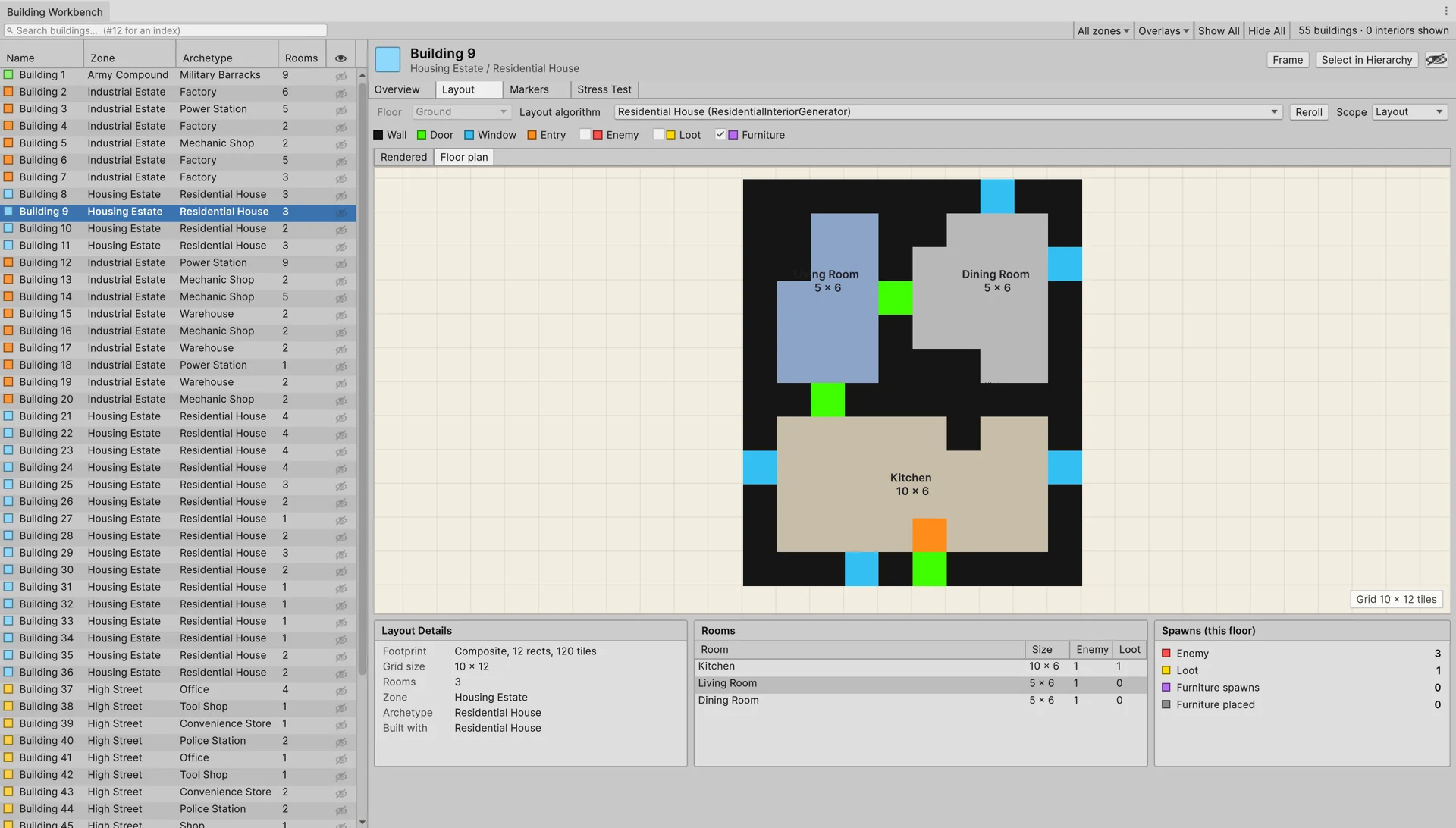 Building Workbench floor plan showing named rooms and connection markers