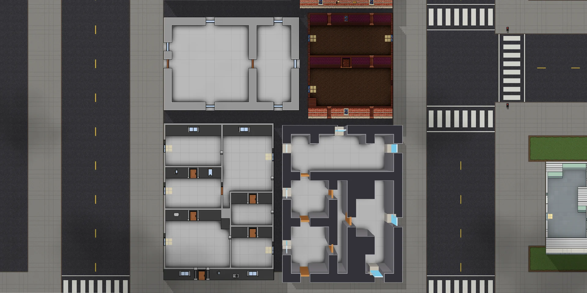 Generated building layout variants beside roads and crossings